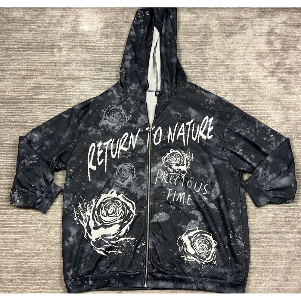 Shein Curve Hoodie Womens 3XL Black Full Zip Return‎ to Nature Roses Long Sleeve